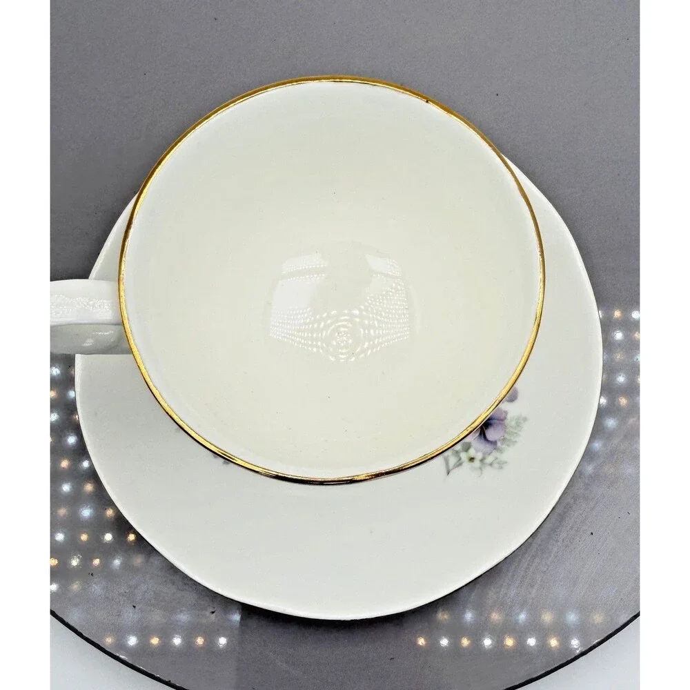 Sadler Wellington Floral Teacup and Saucer Set Purple Pansies Gold Trim Vintage
